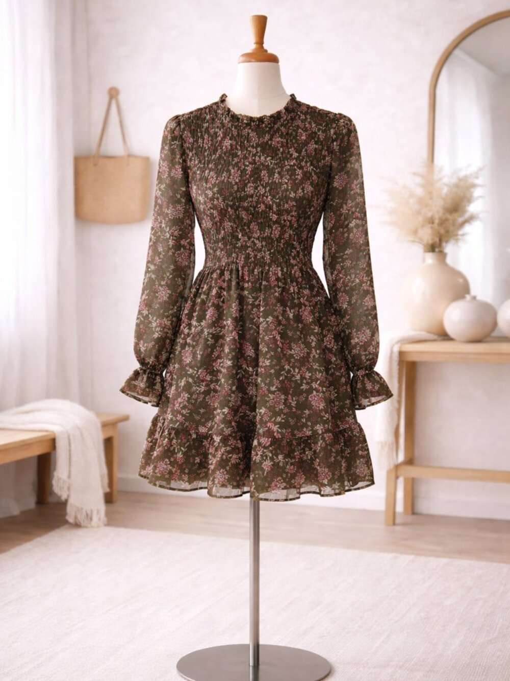 Main Strip Green Floral Smocked Mini Dress Boho Long Sleeve Size M